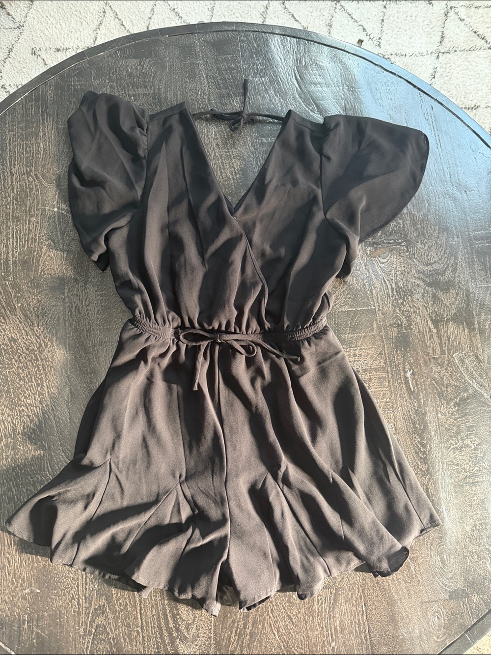 GB girls Black Short V-Neck Romper with Tie Waist